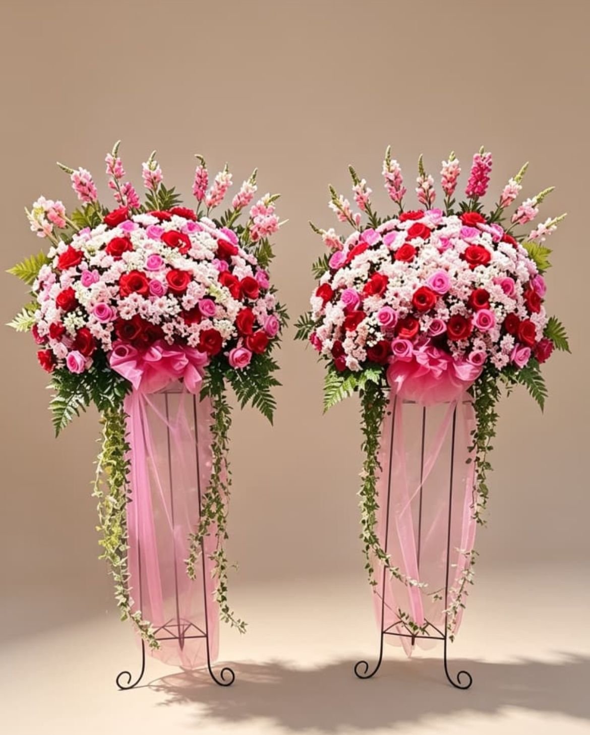 Standing flower mawar pink merah untuk happy wedding di Ciputat - CASSIOPEIA Florist